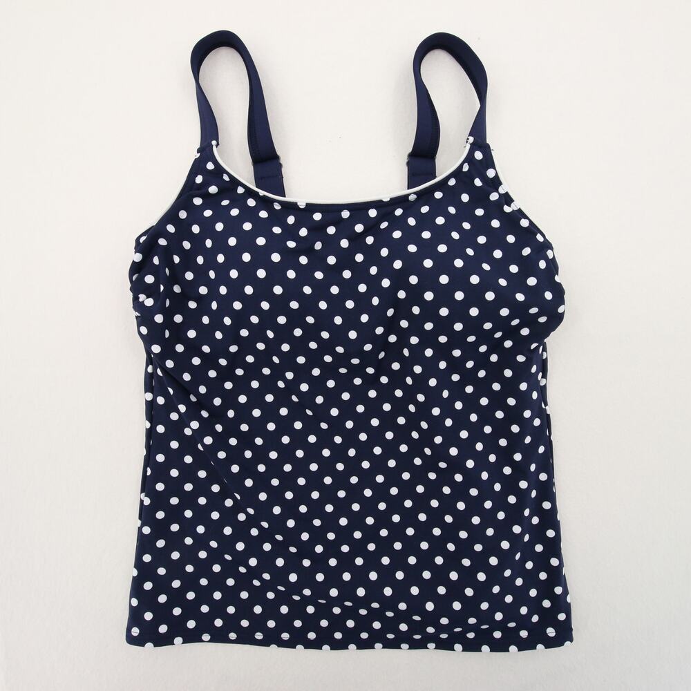 Lands End Tankini Top Navy Blue White Polka Dot Scoop Neck Built-In Bra Size 2D